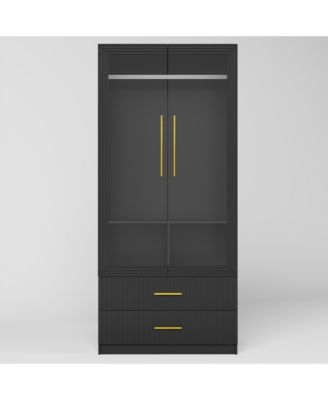 70.8" Modern Wardrobe Armoire with LED Glass Doors, Motion Sensor, 2 Drawers & Hanging Rod