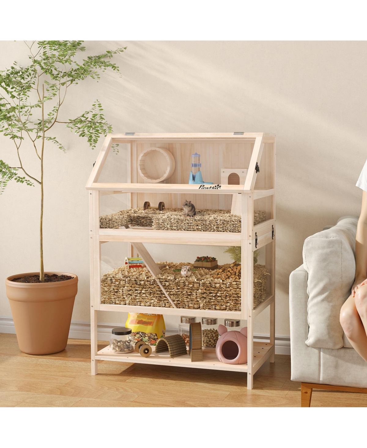 PawHut Wooden 3 Tier Hamster Cage with Storage Shelf for Dwarf, Gerbil