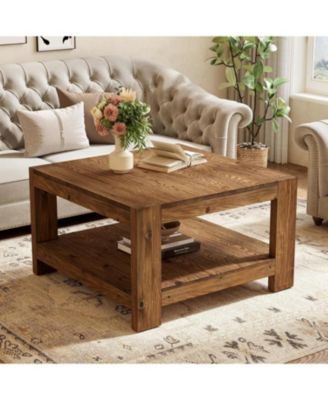 31.5" Square Solid Wood Coffee Table, 2-Tier Farmhouse Center Table for Living Room & Office, Rustic Brown