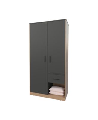 Lugoff Wardrobe with Two Doors and One Drawer, Matt Grey and Natural Oak