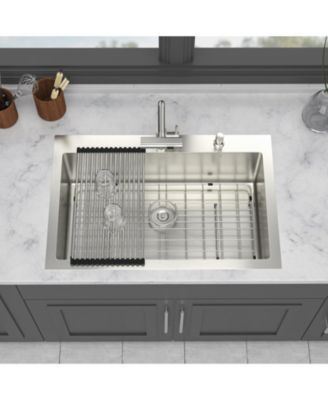 16-Gauge Stainless Steel Drop-In Kitchen Sink with Pull-Out Faucet, Single Bowl, 30" x 22" x 10"