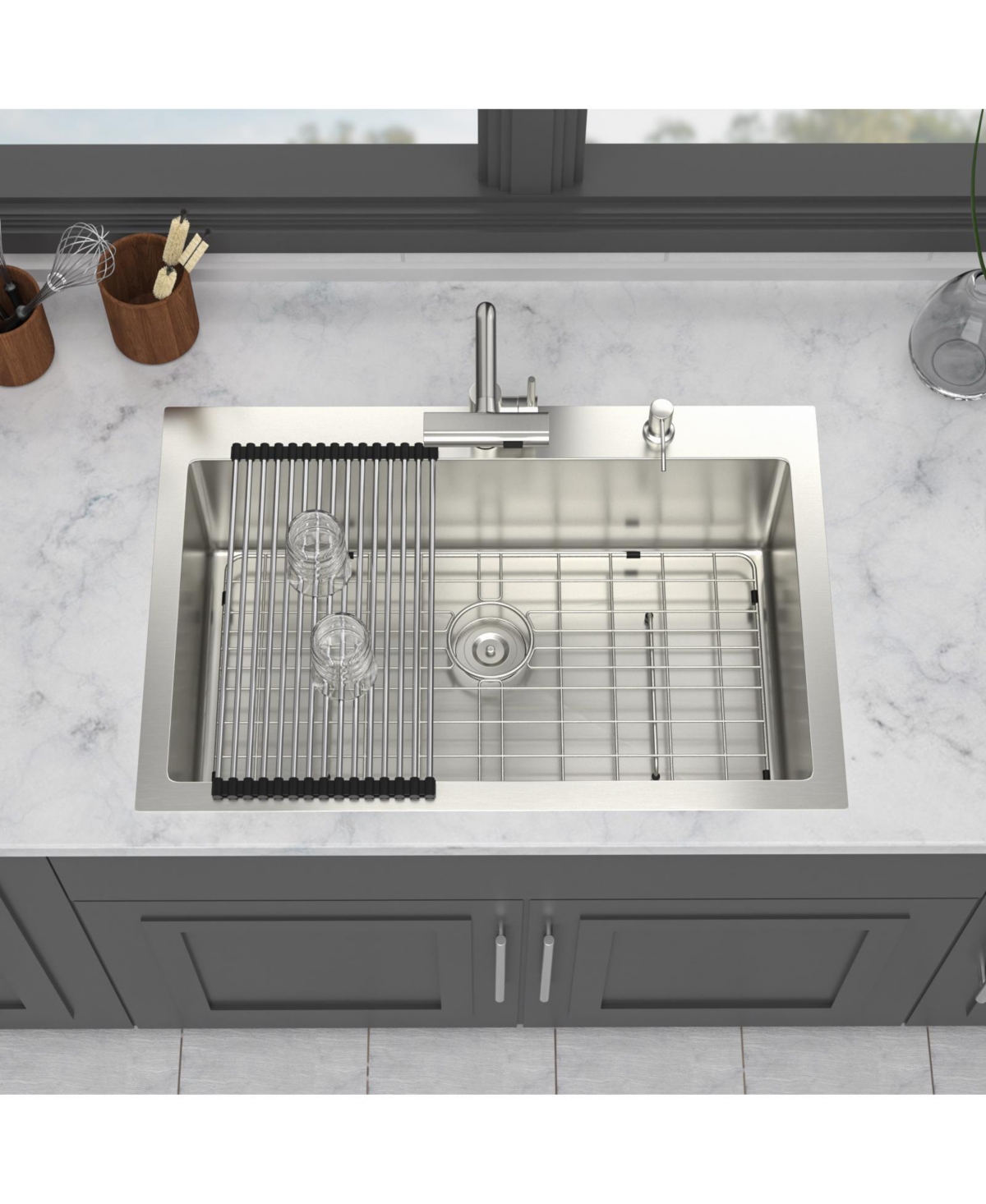 Flynama 16-Gauge Stainless Steel Drop-In Kitchen Sink with Pull-Out Faucet, Single Bowl, 30" x 22" x 10"