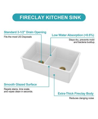 White Fireclay Farmhouse Kitchen Sink, Double Bowl, Undermount/Dual Mount, 32" x 19" x 10"