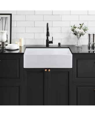 White Ceramic Farmhouse Kitchen Sink, Single Basin, Apron Front, Heat & Stain Resistant with Basket Strainer, 33" x 20" x 10"