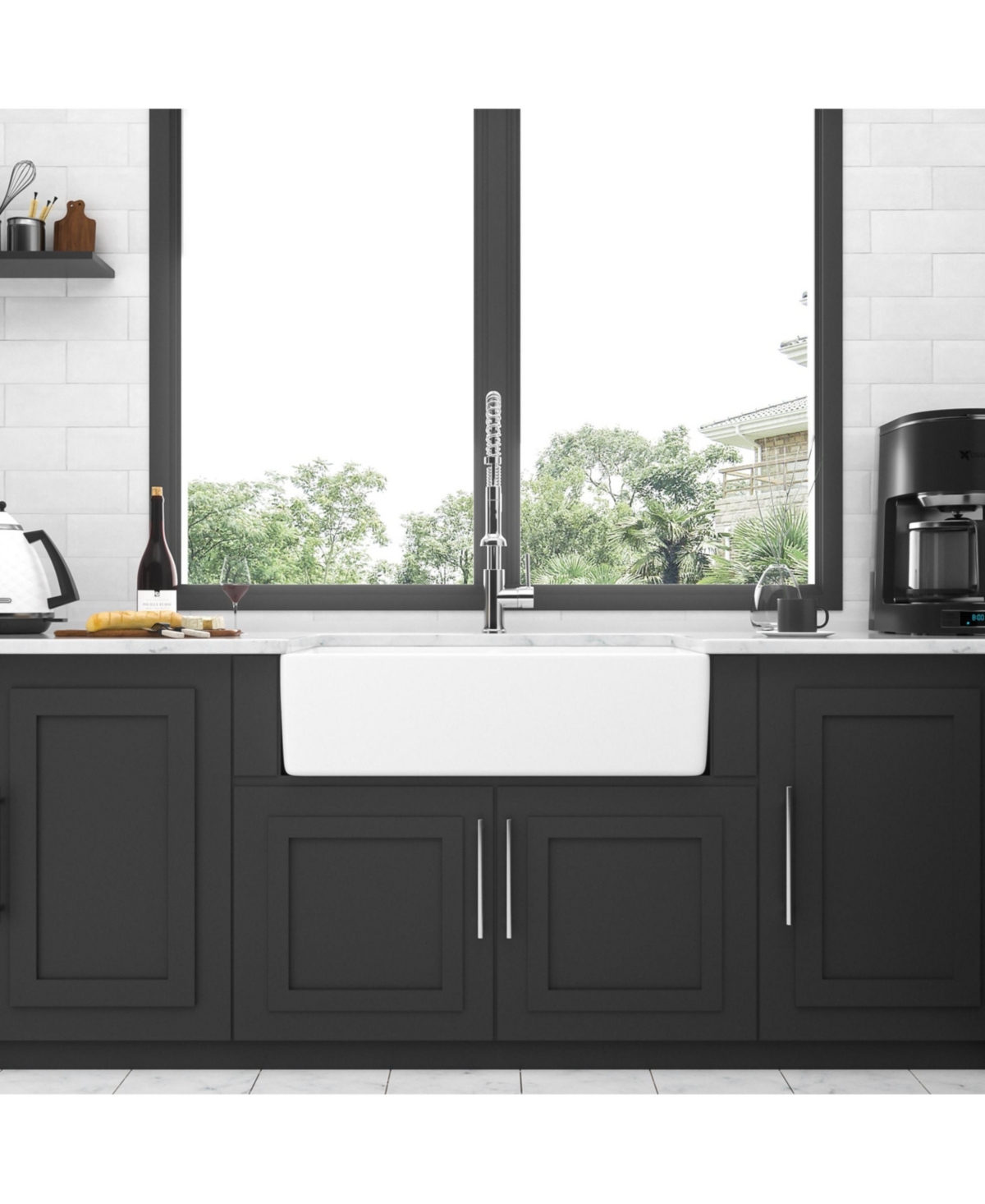 Flynama White Ceramic Porcelain Farmhouse Kitchen Sink, Double Bowl, Apron Front, 32" x 20" x 9"