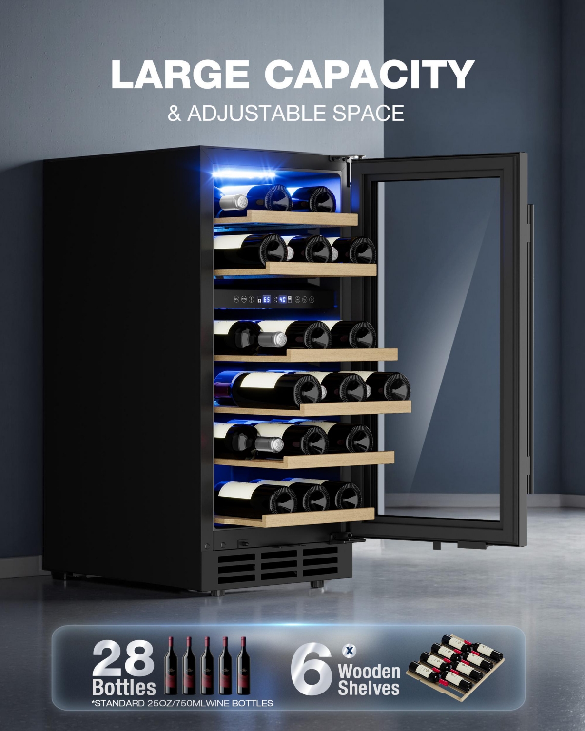 Euhomy 15-in W 30Bottles Capacity Black Built-in/Freestanding Indoor Beverage Refrigerator with Glass Door