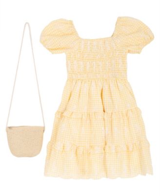 Girls' 7-16 Eyelet Smocked Square Neck Dress and Bag, 2-Piece Set