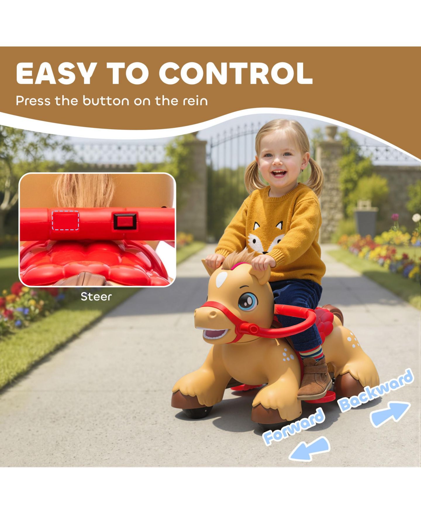 Детская игрушка Qaba 12V Battery-Powered Interactive Ride-On Horse Toy, Ages 1.5+, цвет: Коричневый — фото 6