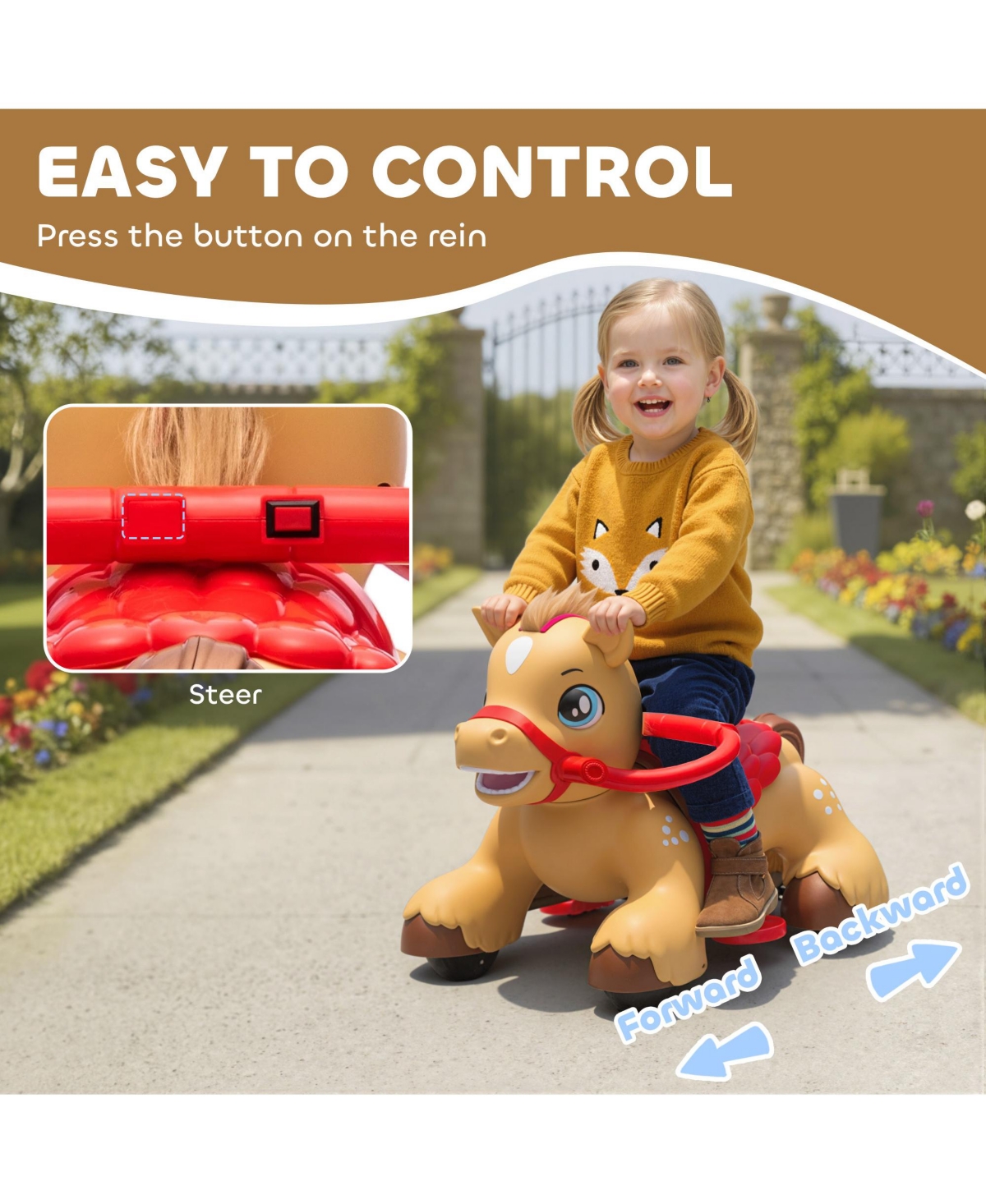 Qaba 12V Ride On Horse Toy, Battery Powe Ride on Toy with Sound,