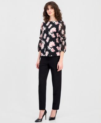 Women's 3/4 Sleeve Floral-Print Ruffle-Sleeve Top