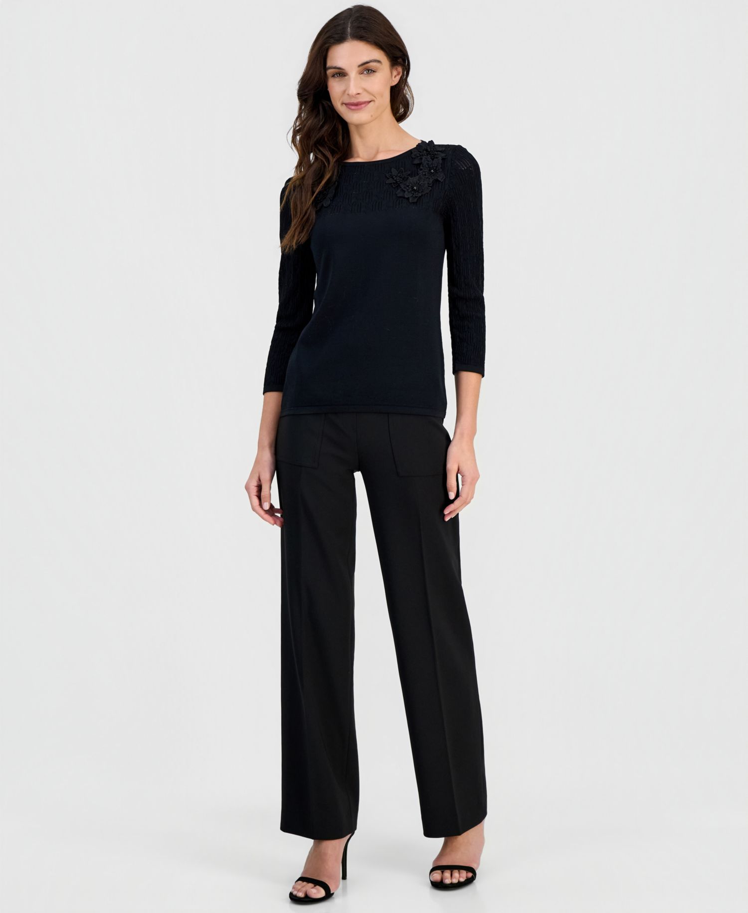 Women's Boat-Neck Floral-Applique Sweater