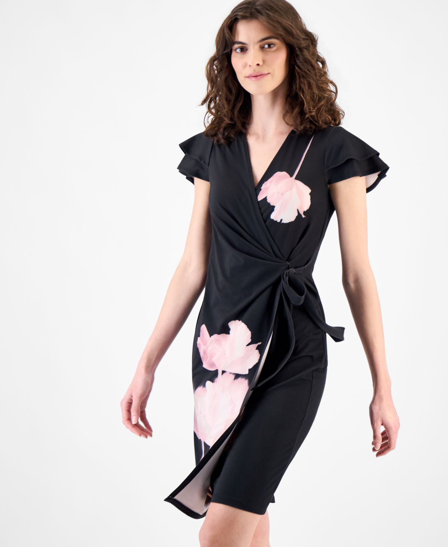 Women's Flutter-Sleeve Faux-Wrap Dress