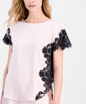 Women's Short-Sleeve Lace-Trim Satin Top