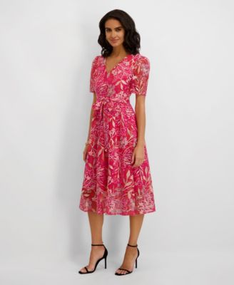 Women's Embroidered Mesh Tie-Waist Midi Dress