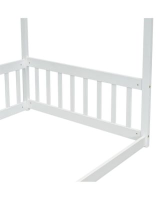 Twin Size Canopy Floor Bed with Safety Fence Wooden Play Bed with Guardrails for Kids Room