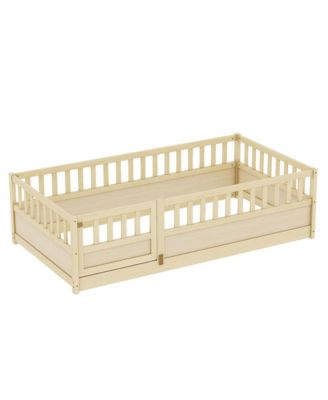 Twin Size Wooden Floor Bed Integral Construction with High Security Barrier Pine French Style for Kids