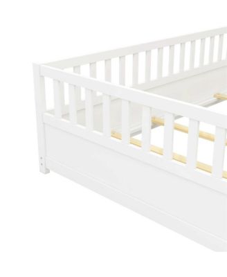 Full Size Wooden Floor Bed Integral Construction with High Security Barrier Door & Support Slats for Kids