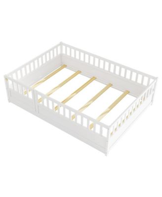 Full Size Wooden Floor Bed Integral Construction with High Security Barrier Door & Support Slats for Kids