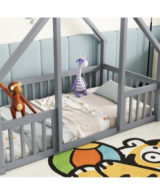 Twin Wood House-Shaped Floor Bed with Safety Fence & Roof Frame Kids Bed for Bedroom Playroom
