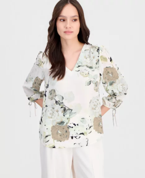 Petite 3/4-Sleeve Tie-Cuff Blouse - Soft Aloe