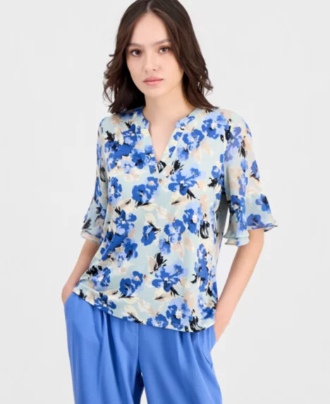 Petite Ruffle-Cuff Split-Neck Top - Soft Aloe