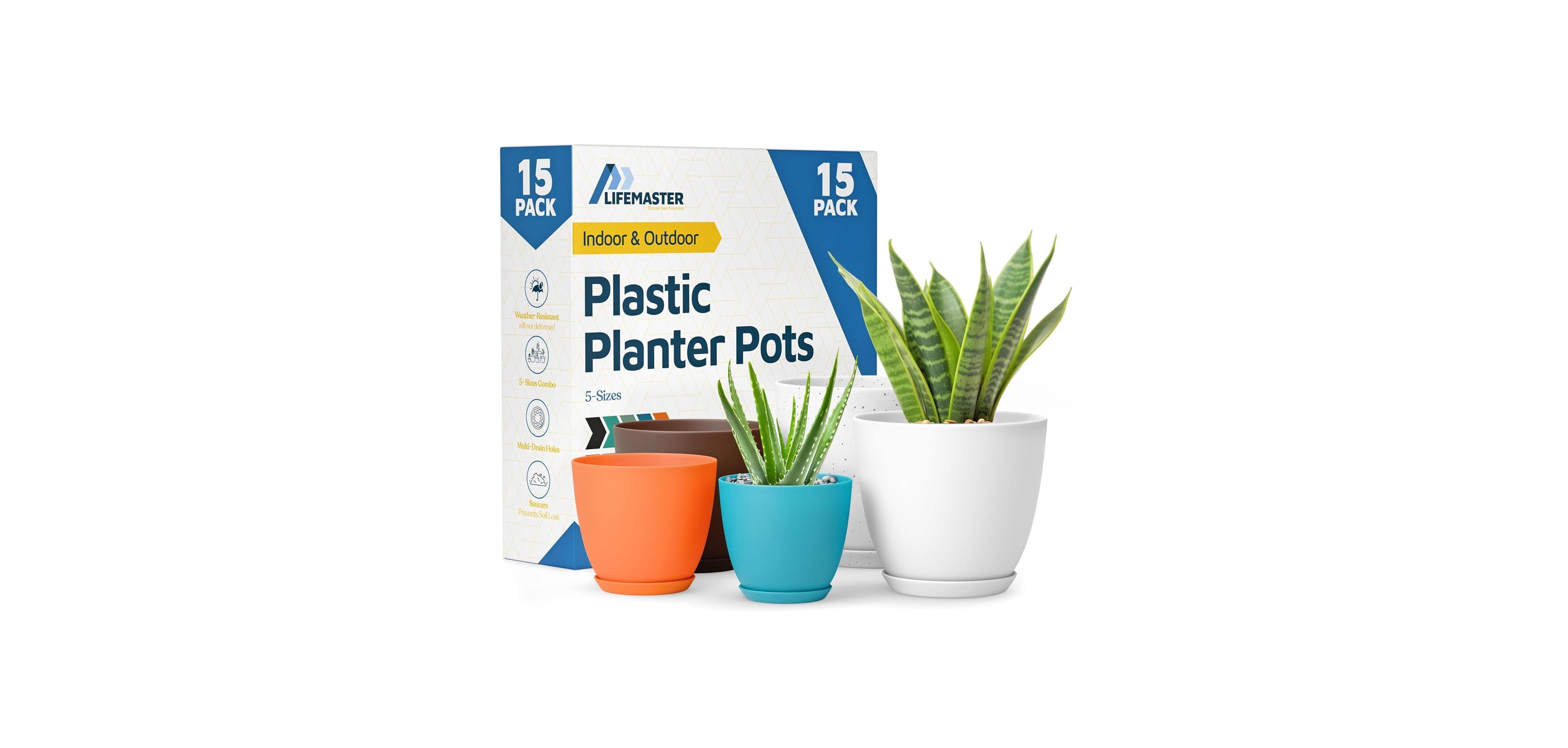 Lifemaster Multicolor Plant Pots 15 Pack with Drainage Holes & Saucers Indoor & Outdoor Planters for Houseplants & Flowers, Durable & Weatherproof