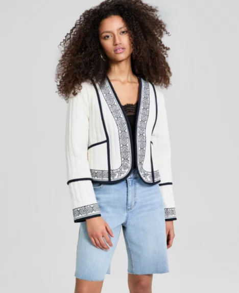 Petite Ribbed Embroidered Jacket - Off White