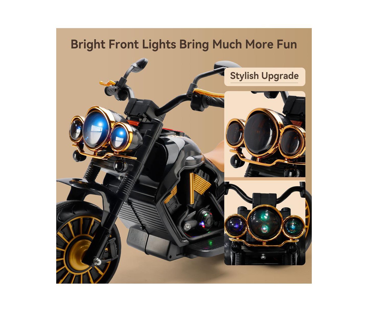 Детская игрушка Bruce & Shark Dual Motor 3-Wheel Kids Ride-On Motorcycle with LED Light, Ages 3-8, цвет: Чёрный — фото 5