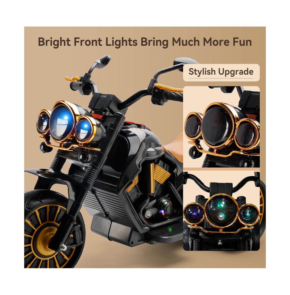 Bruce & Shark Dual Motor Kids Ride-On Motorcycle, 3-Wheel with Led Light Wide Tires