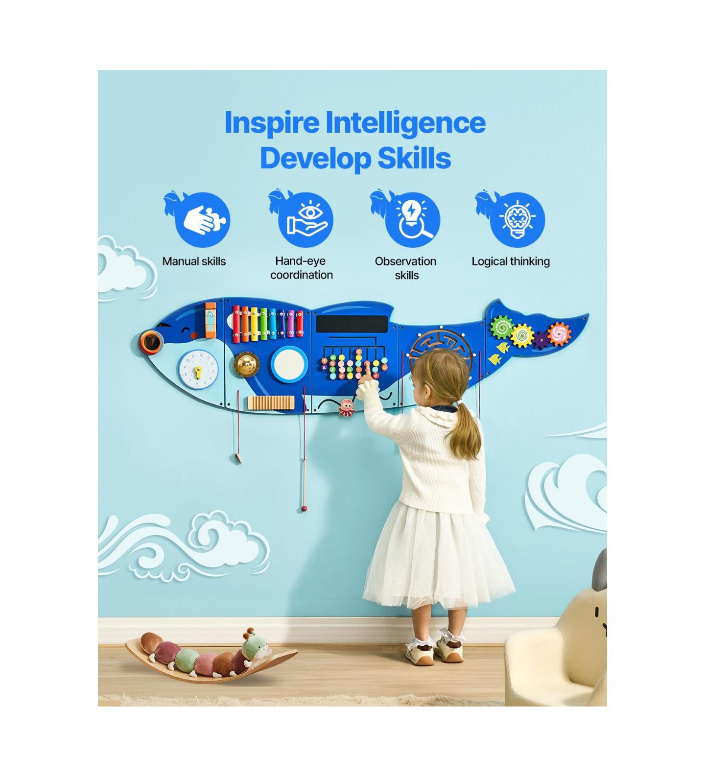 Детские игрушки Slickblue Orca Activity Wall Busy Board Montessori-Inspired 12 Activities, Ages 3-12, цвет: Синий — фото 6