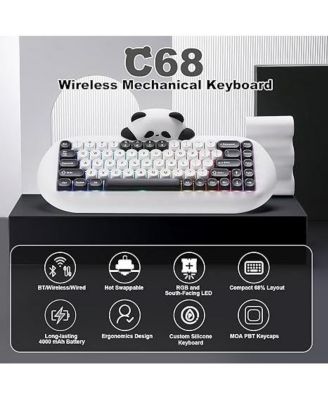 C68 Panda Wireless Mechanical Gaming Keyboard,68 Keys Cute Keyboard w/ PBT Keycaps, RGB Backlit, Hot Swappable Creamy Keyboard with BT5.0/2.4G