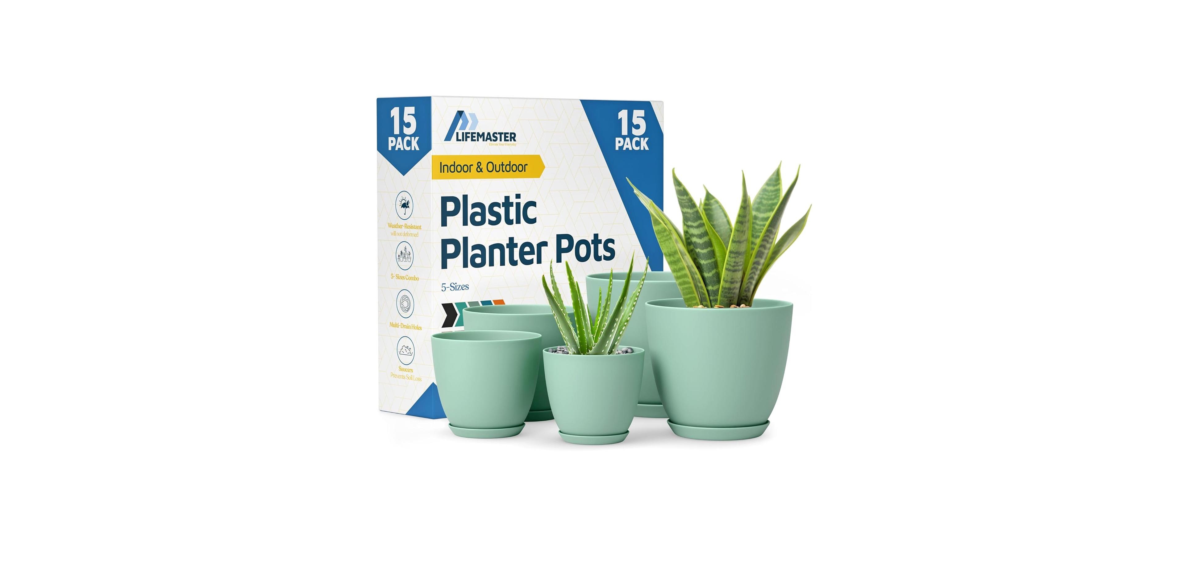 Lifemaster Brown plant pots 15-pack with drainage holes & saucers indoor outdoor planters for flowers & houseplants durable weatherproof design