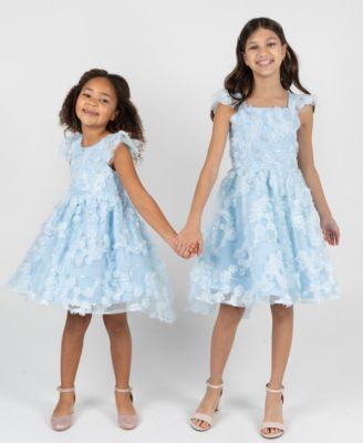Girls' 7-16 Blue Floral Soutache Flutter Strap Dress