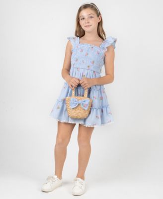 Girls' 7-16 Smocked Bodice Square Neck Dress and Bag, 2-Piece Set