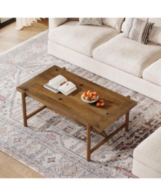 Farmhouse Solid Wood Coffee Table, 47-Inch Rectangular Center Tea Table, Warm Brown