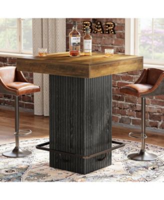 Square Bar Table, Kitchen Dining Table, Industrial Counter Height Pub Cocktail Table Home Bar Unit with Metal Footrest