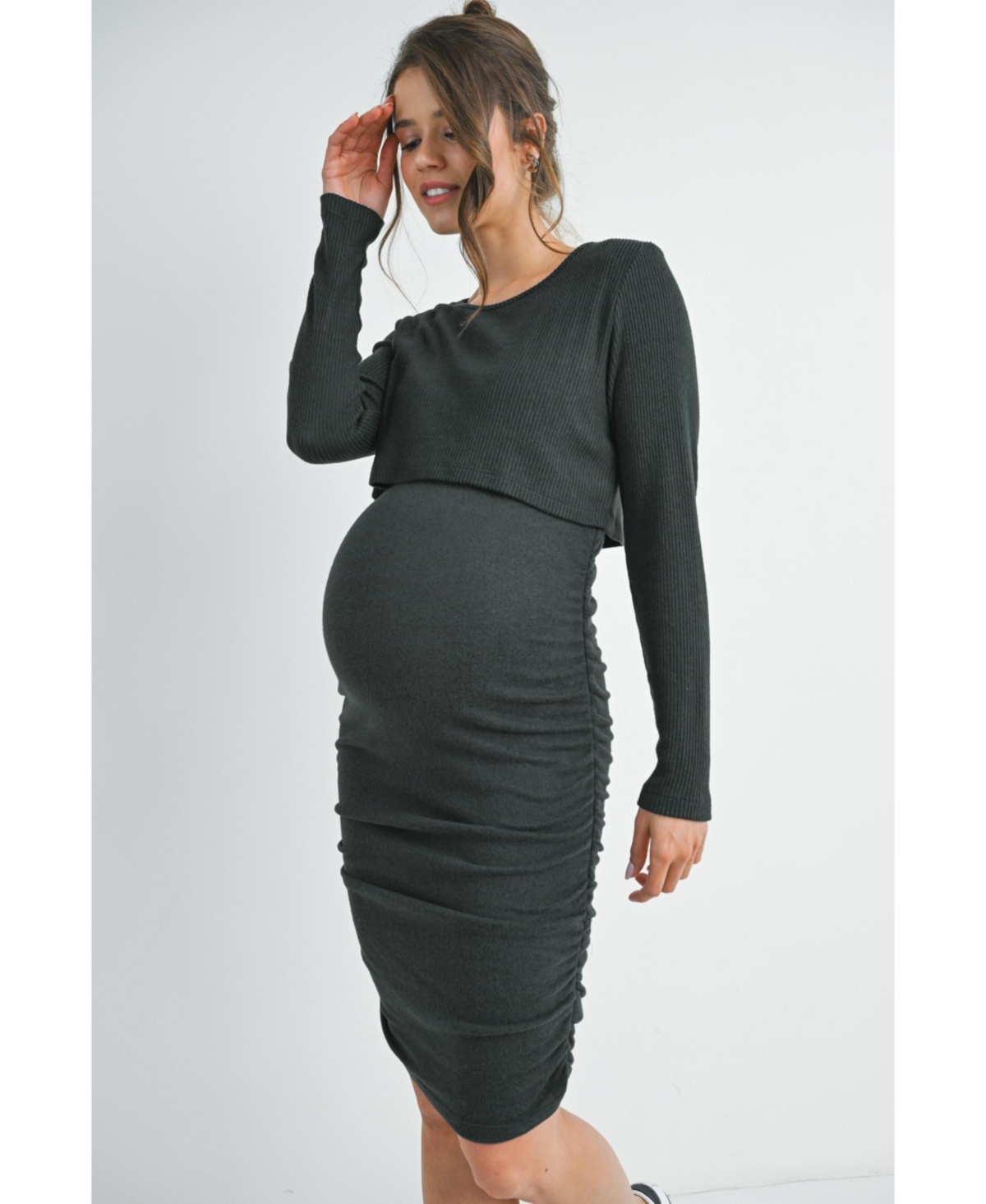 Hello Miz Maternity Long Sleeve Ribbed Side Ruched Nursing Dress