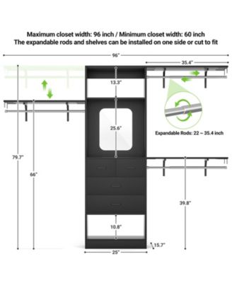 96'' Closet Organizer System with 4 Drawers & Mirror, Heavy Duty Closet System with 3 Shelving Towers & Hanging Rods