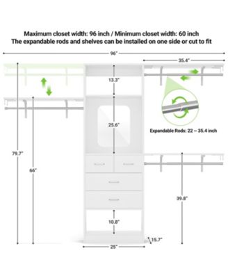 96'' Closet Organizer System with 4 Drawers & Mirror, Heavy Duty Closet System with 3 Shelving Towers & Hanging Rods