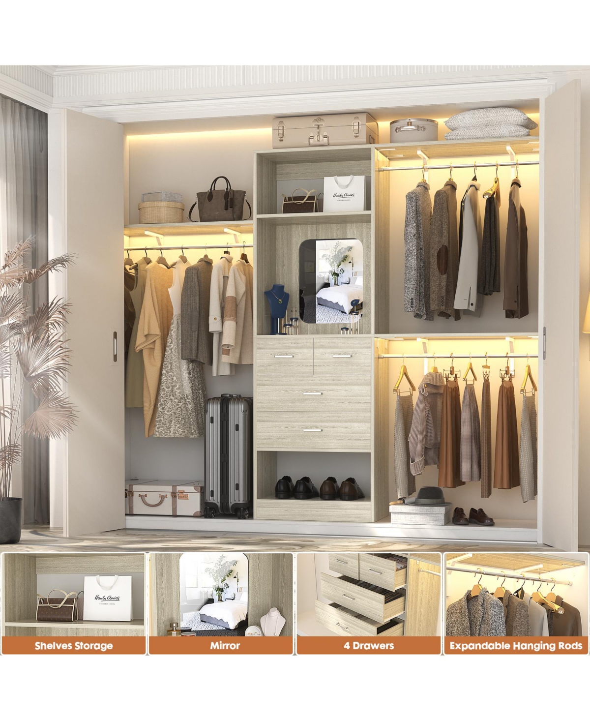 Aheaplus 96'' Closet Organizer System with 4 Drawers & Mirror, Heavy Duty 3 Shelving Towers Hanging Rods