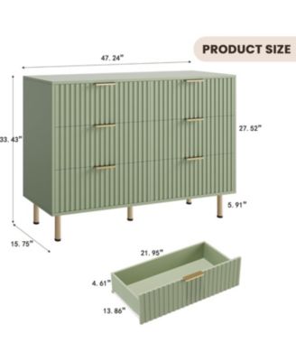 6-Drawer Modern Fluted Green Dresser, 47.2 Inch Wide Chest, Deep Drawers, TV Stand, Organizer for Bedroom, Living Room, Kids Room