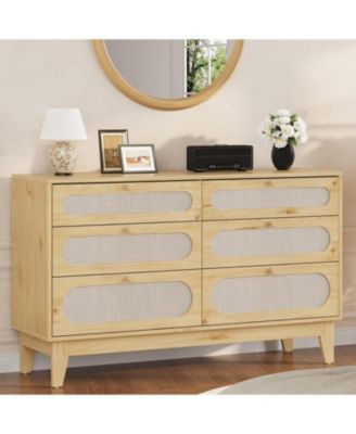 Rattan 6 Drawer Dresser, Modern Oak Storage Chest of Drawers for Closet, Bedroom, Living Room, Entryway, Hallway