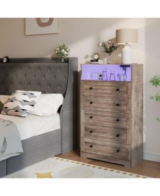 5 Drawer Wooden Dressers for Bedroom with LED Lights & Charging Station