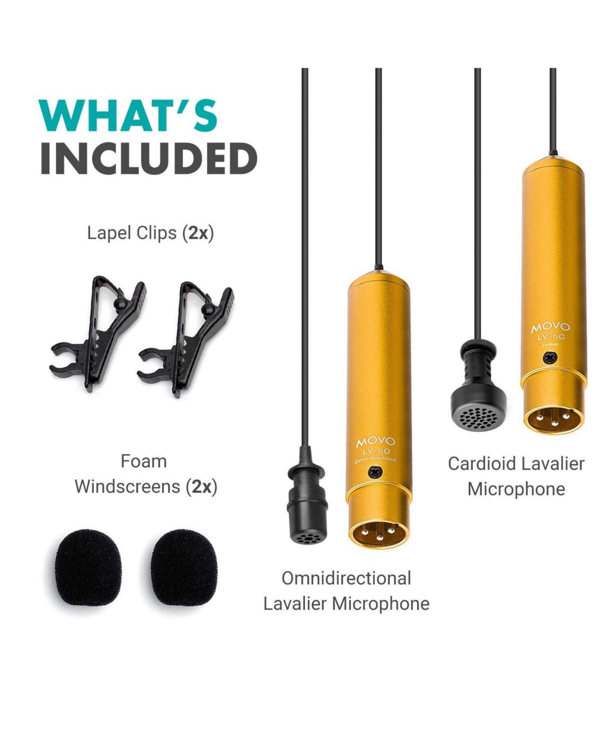 Movo Lv-6 Pro Grade Omnidirectional and Cardioid Xlr Lavalier Condenser Microphone Set (48V Phantom Powered)