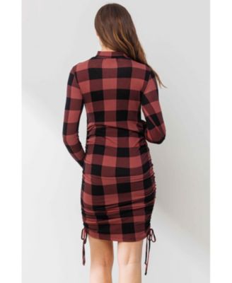 Maternity Bodycon Plaid Side Ruched Long Sleeve Dress
