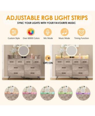 MDF, Metal LED Light & Charging Station, Wooden Chest, Open Shelf 8-Drawer Modern Dresser