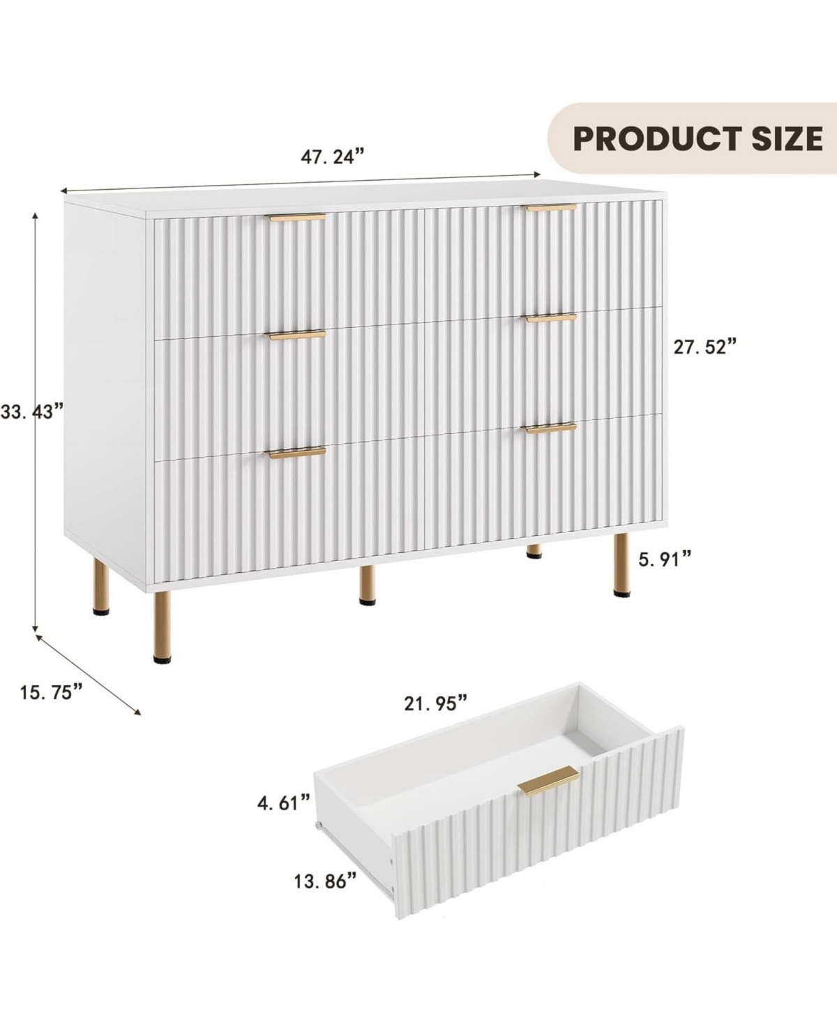 gaomon 6-Drawer Modern Fluted White Dresser, 47.2 Inch Wide Chest, Deep Drawers, Tv Stand, Organizer for Bedroom, Living Room, Kids Room