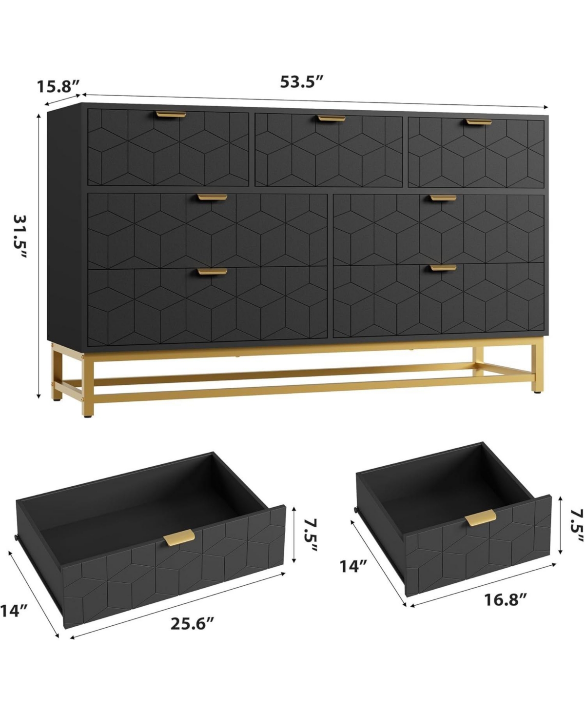 gaomon 53.5 Inch Black 7-Drawer Modern Dresser, Gold Metal Handle & Legs, Chest Storage Organizer for Closet, Entryway