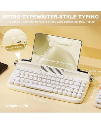 Upgraded Wireless Typewriter Keyboard, Retro Keyboard with Integrated Stand, USB-C/Bluetooth Keyboard with Cute Round Keycaps for Multi Device