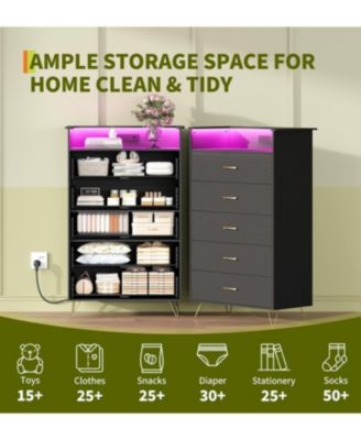 5 Drawer Wooden Dressers for Bedroom with LED Lights & Charging Station